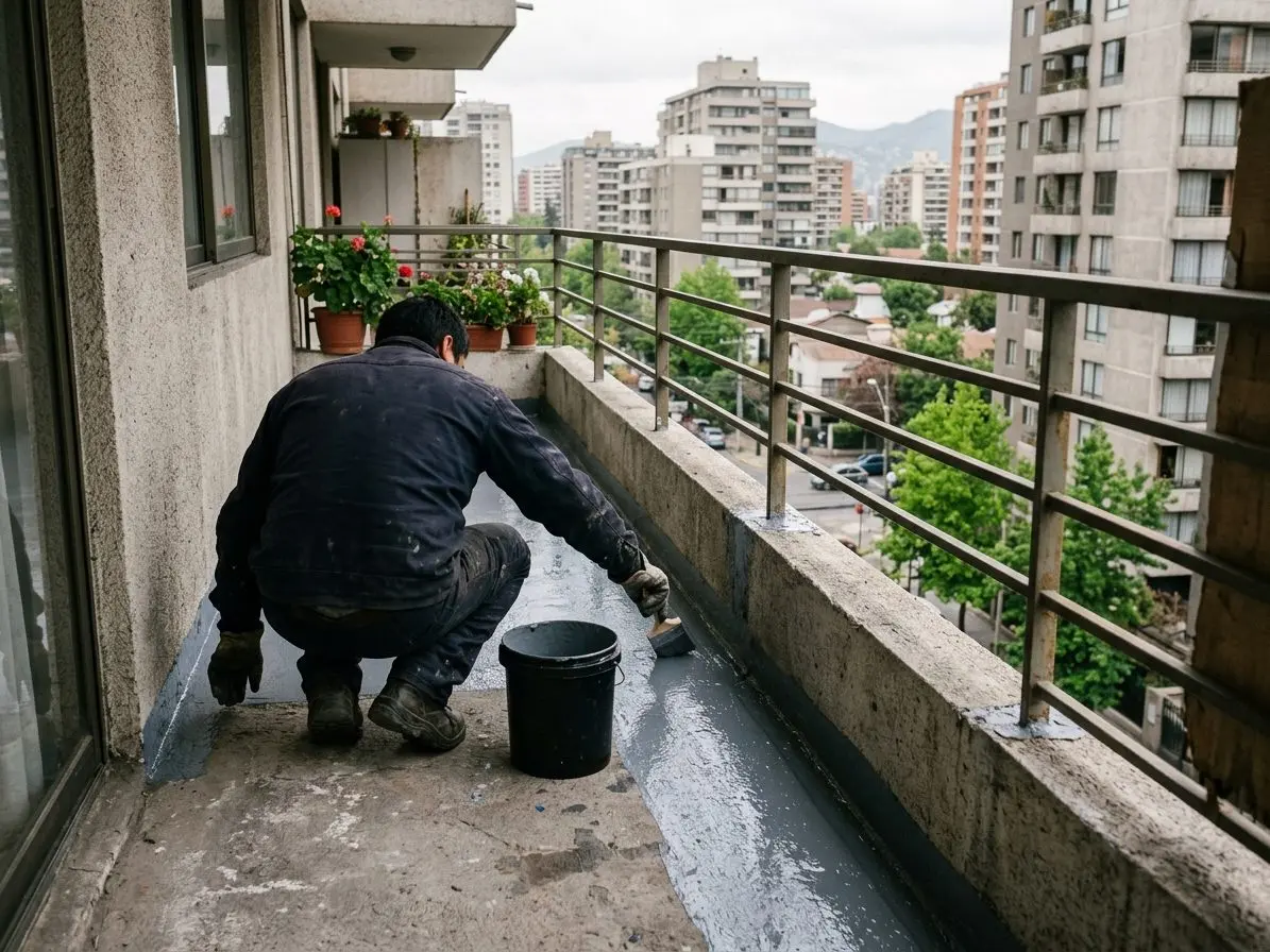 Especialista aplicando membrana líquida en el piso de un balcón, a lo largo del muro y de la baranda