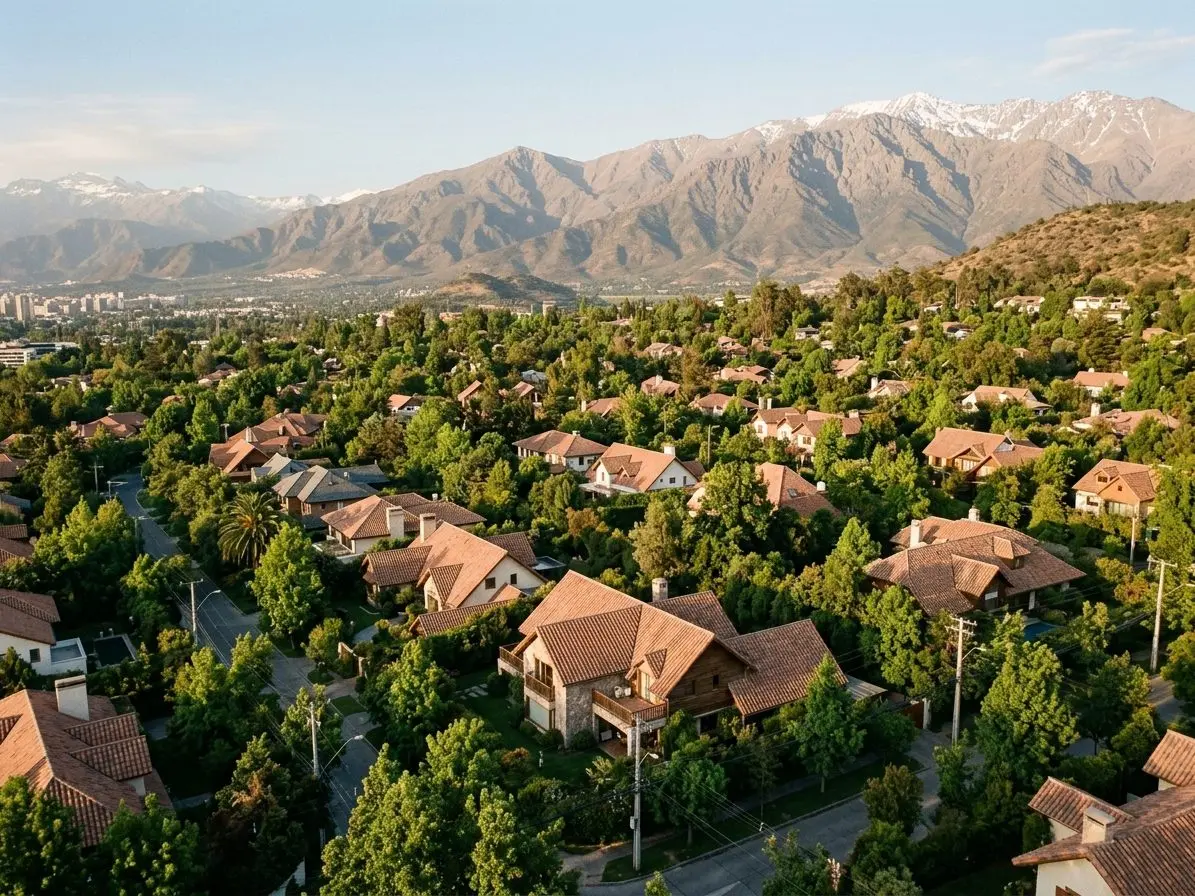 Barrio de casas con techos de teja y árboles grandes al pie de la cordillera