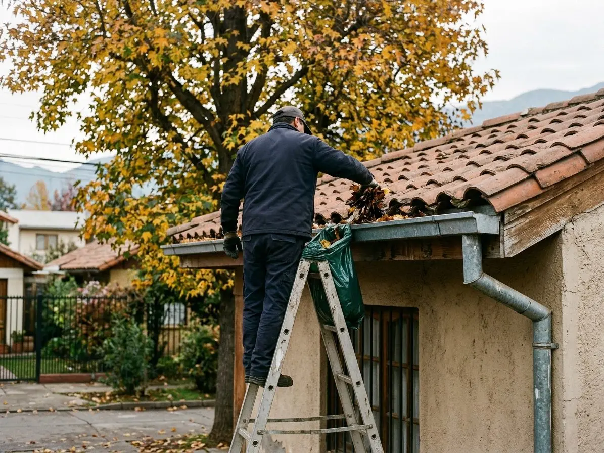 Especialista sacando hojas de la canaleta de una casa con techo de teja, desde una escalera