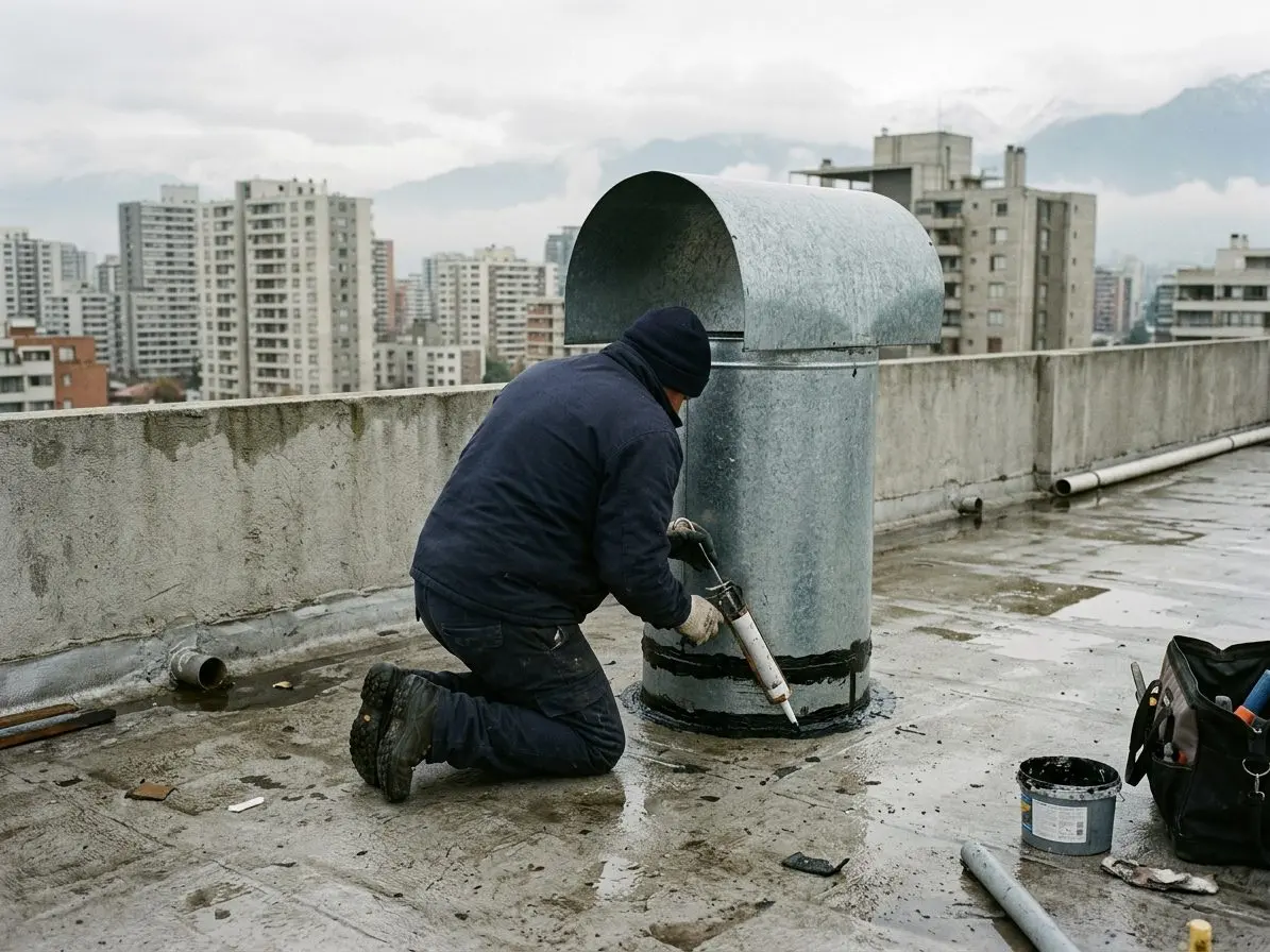 Especialista sellando la base de un ducto de ventilación en la azotea de un edificio