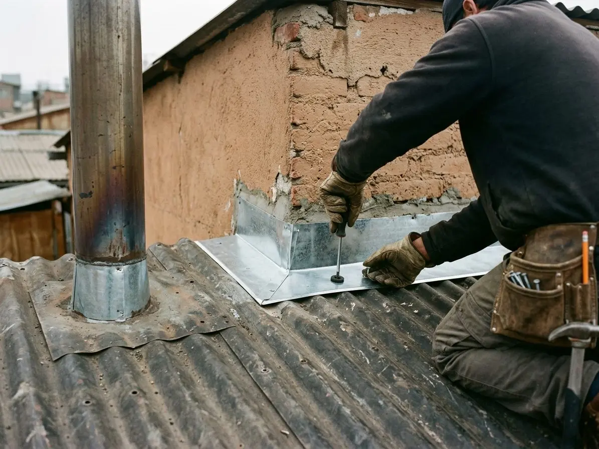Especialista fijando un forro de zinc en el encuentro del techo con el muro, junto al ducto de una estufa