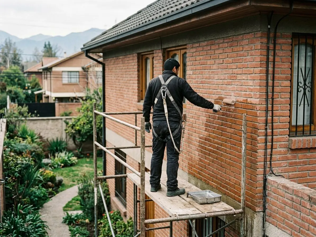 Especialista aplicando hidrorrepelente con rodillo sobre el muro de ladrillo de una casa de dos pisos, desde un andamio