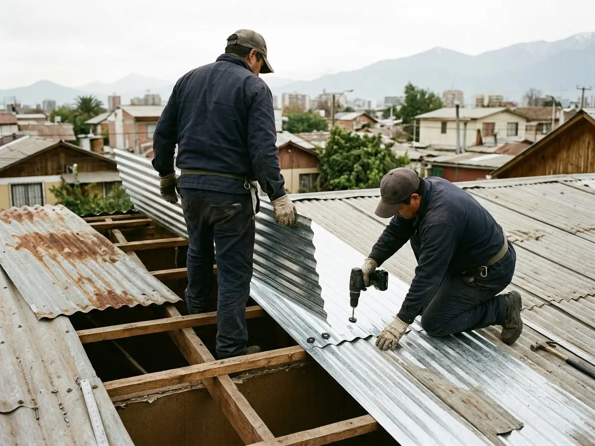 Dos especialistas cambiando una plancha de zinc oxidada por una nueva en el techo de una casa