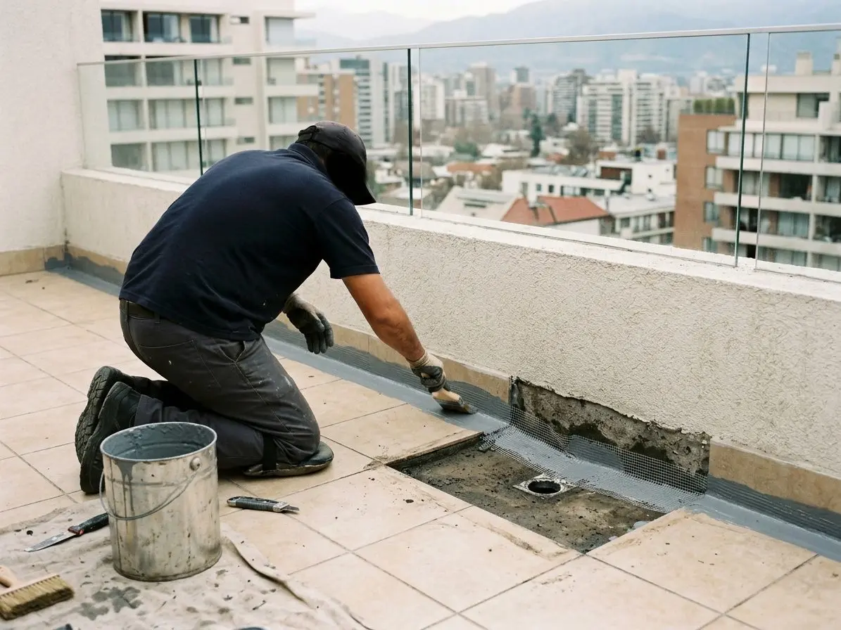 Especialista aplicando membrana líquida con malla de refuerzo en el encuentro de una terraza con el muro, junto al desagüe