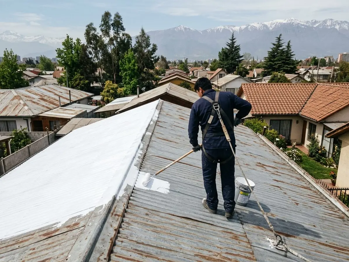 Especialista aplicando pintura elastomérica blanca con rodillo sobre el techo de zinc de una casa